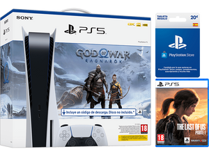 Consola Sony PS5, 825GB, 4K, + Juego God Of War: Ragnarok (código descarga) + Juego The Last Of Us: Parte 1 + Tarjeta 20€ PS Store