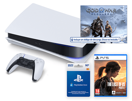 Consola Sony PS5, 825GB, 4K, + Juego God Of War: Ragnarok (código descarga) + Juego The Last Of Us: Parte 1 + Tarjeta 50€ PS Store